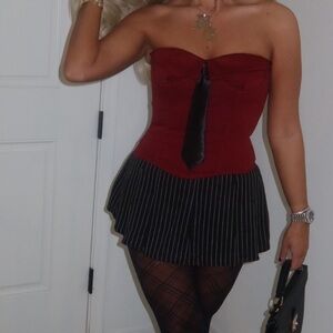 Red Strapless Top with Black Pleated Skirt